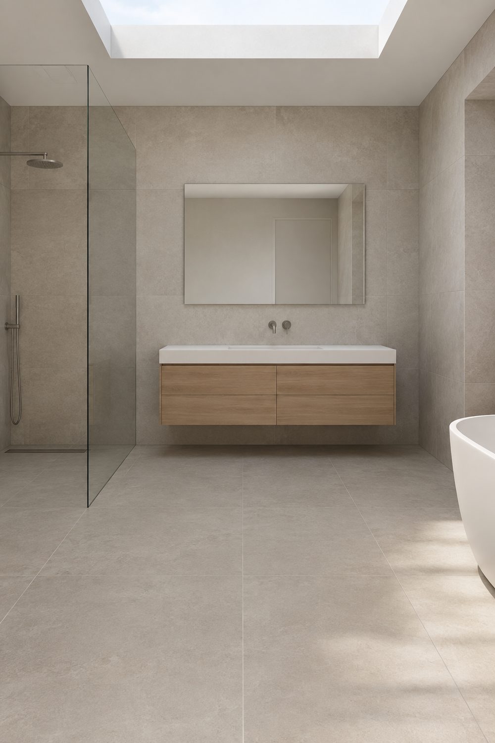Modern bathroom with large warm greige porcelain tiles on floor and walls, thin grout lines and a light oak floating vanity