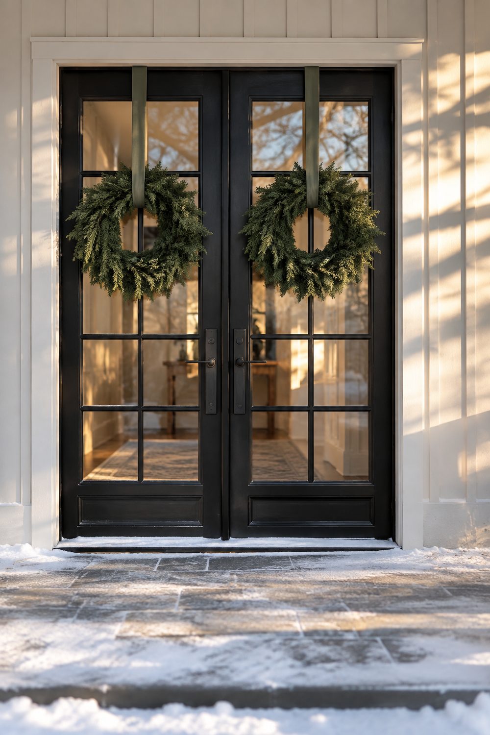 Two matching evergreen wreaths hung on black framed glass french entry doors, snow on the threshold, warm light inside