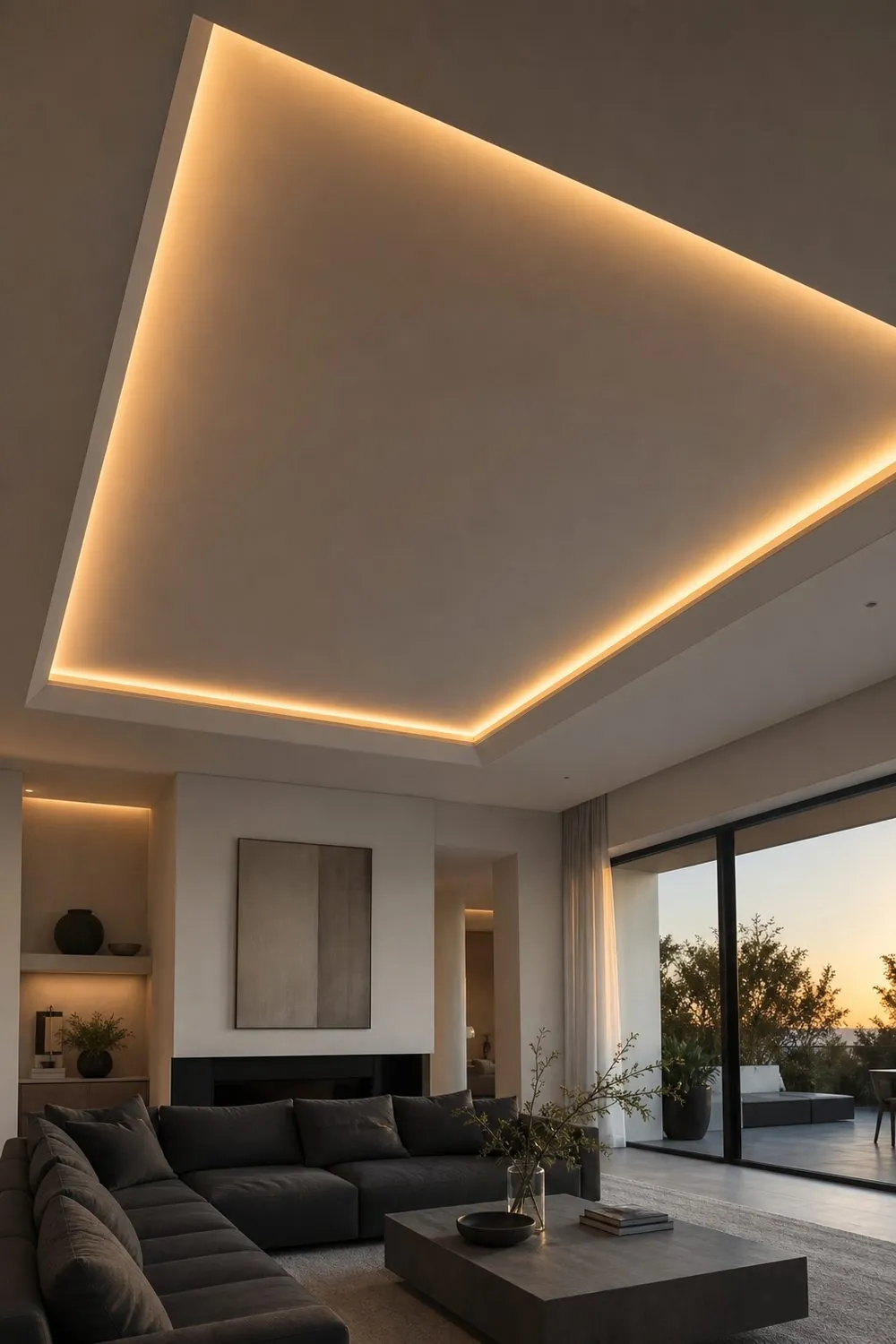Modern living room tray ceiling with a concealed LED strip glowing along the perimeter reveal at dusk