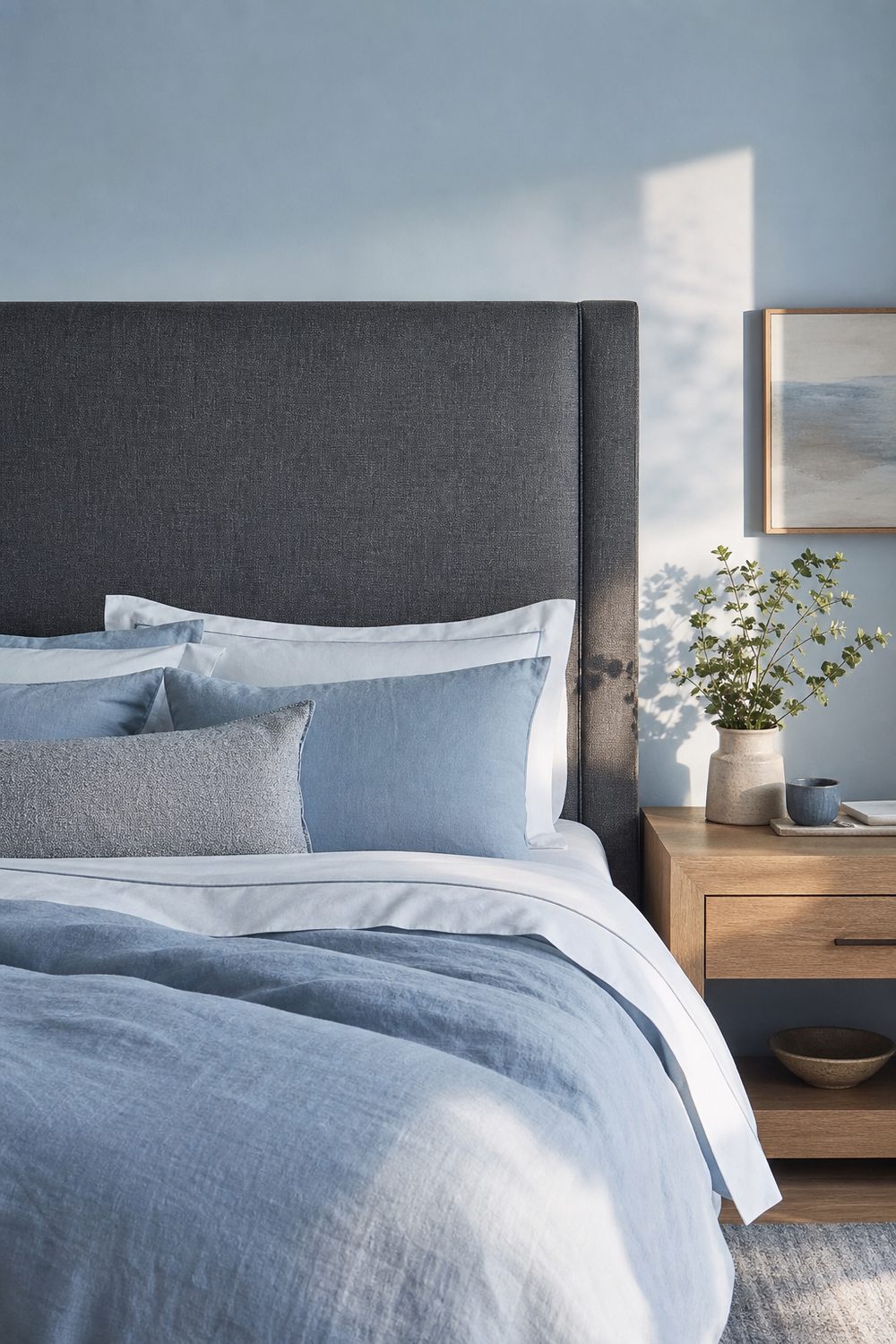 Pale light blue bedroom walls with a tall charcoal grey upholstered headboard and layered white and blue bedding