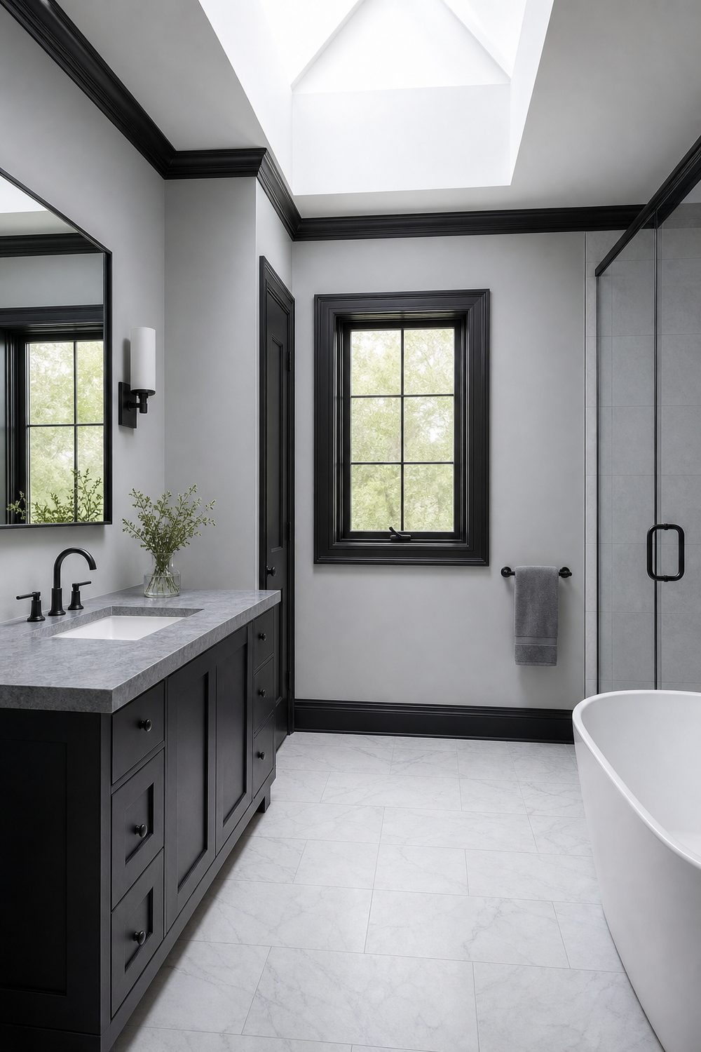 Bathroom with pale grey walls and black painted baseboard, door casing and window trim around a white sink