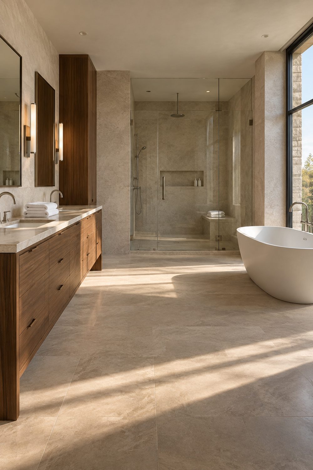 Luxury modern master bathroom with a walnut double vanity, walk in glass shower with stone bench and a freestanding tub
