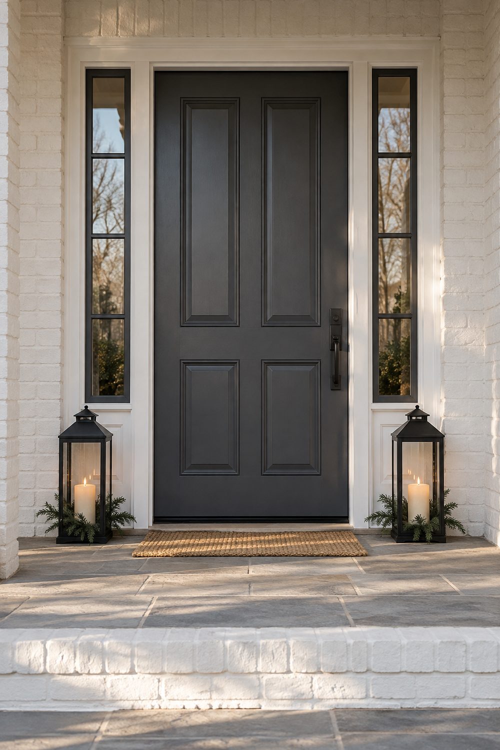 Two matching black metal lanterns with warm candles on the porch floor either side of a dark front door