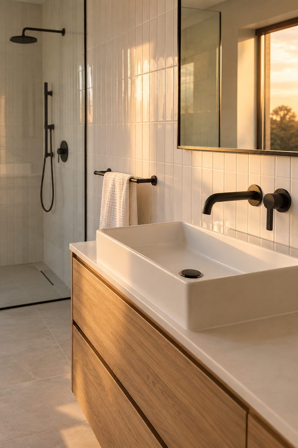 Matte black wall faucet over a white sink on a white oak vanity, black towel bar and shower trim against white tile