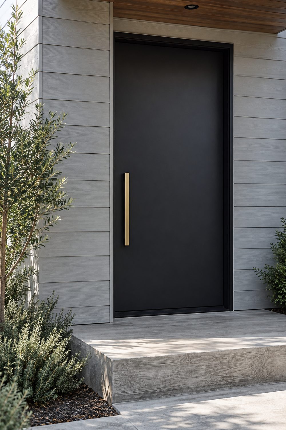 Matte black slab front door with a long brushed brass vertical pull, light grey siding and a board formed concrete step