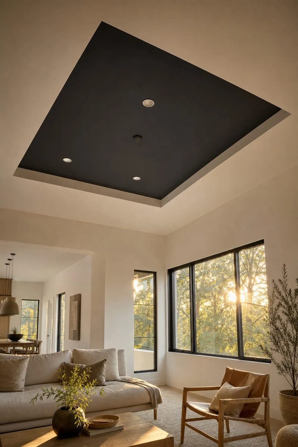Modern living room tray ceiling with a flat matte black recessed panel and sharp trimless white edges