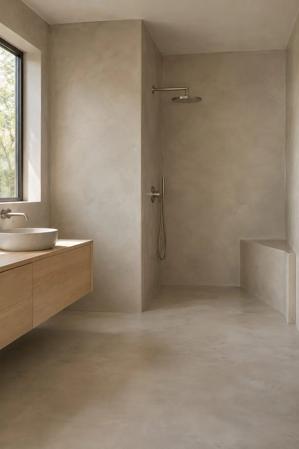 Modern bathroom with warm greige microcement walls, floor and shower bench, pale oak vanity and a round stone sink