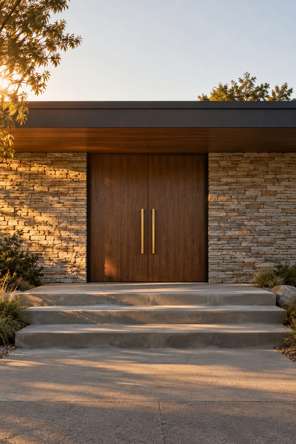 Pair of walnut stained mid century double front doors with long brass pulls set in a stacked flagstone wall
