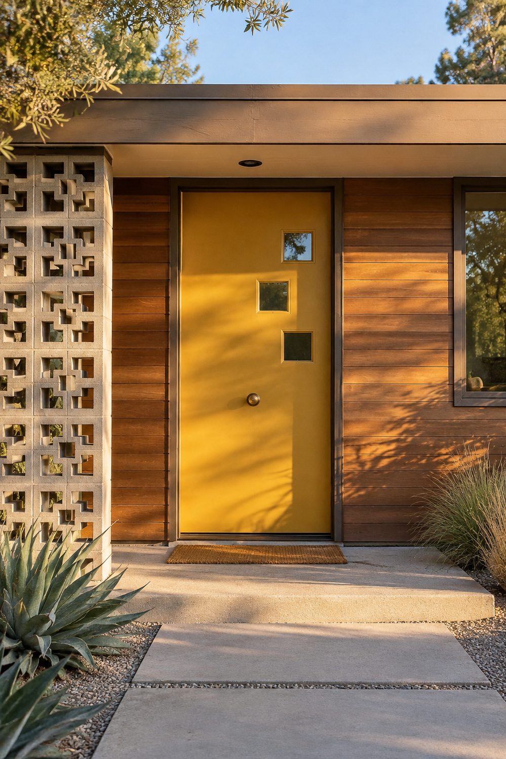 Mustard yellow mid century modern front door with three staggered square windows on a ranch house with cedar siding