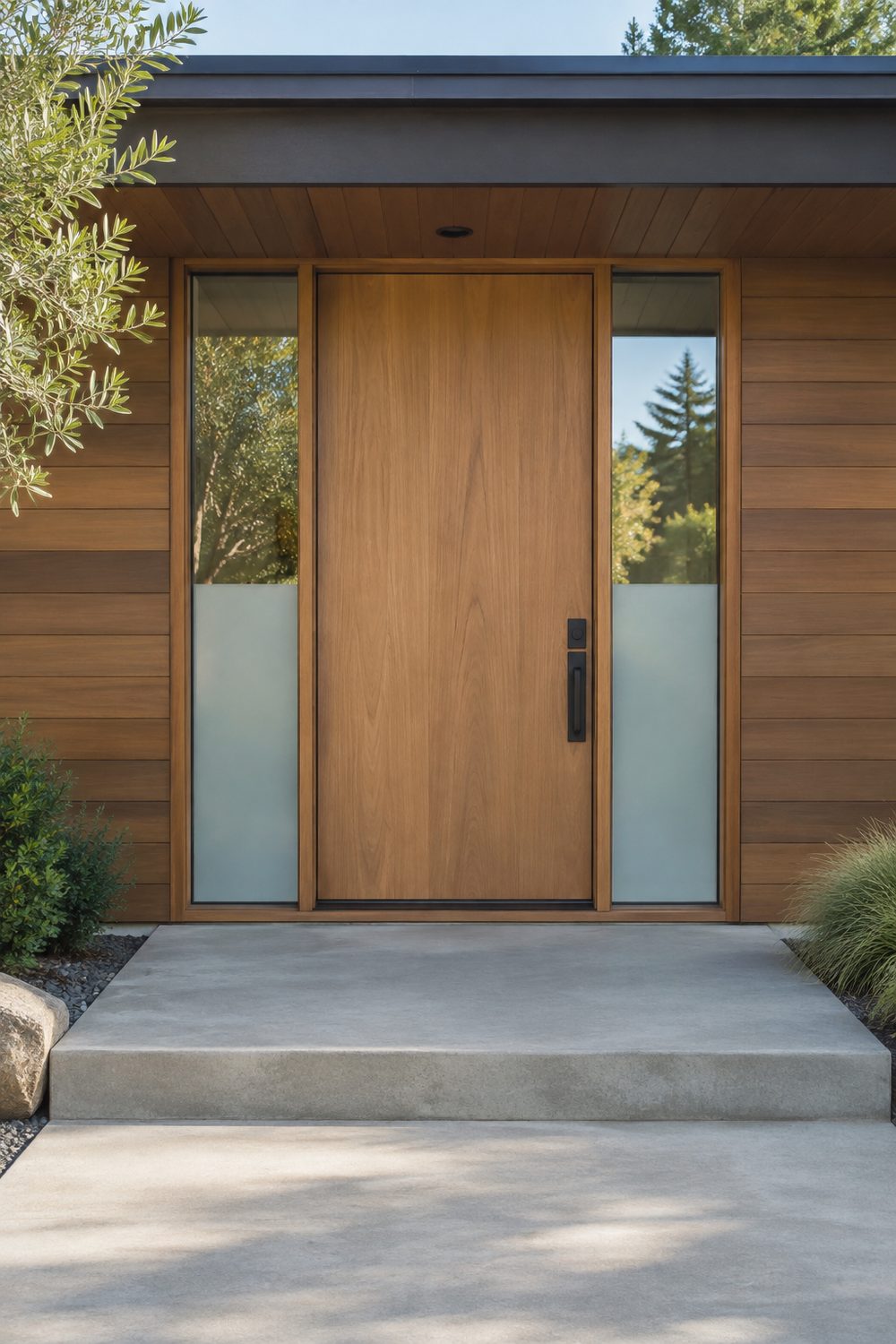 Natural wood mid century front door flanked by two narrow sidelights with frosted lower panes on a cedar sided ranch