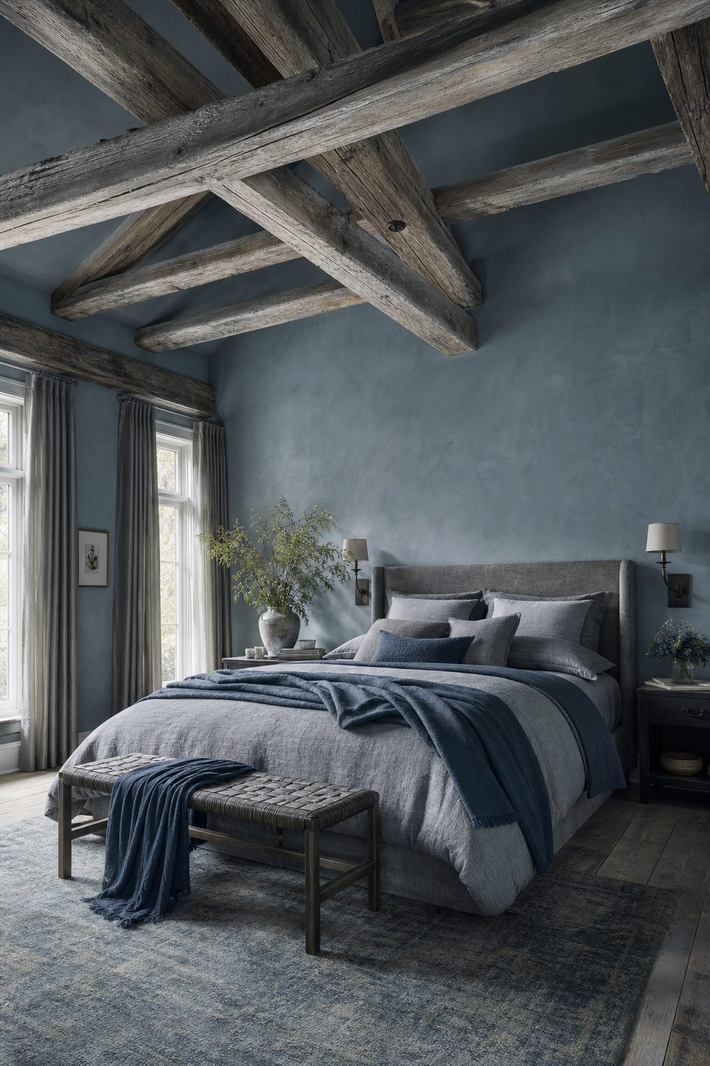 Misty blue bedroom walls with weathered grey wood ceiling beams above a bed with grey bedding and wall sconces