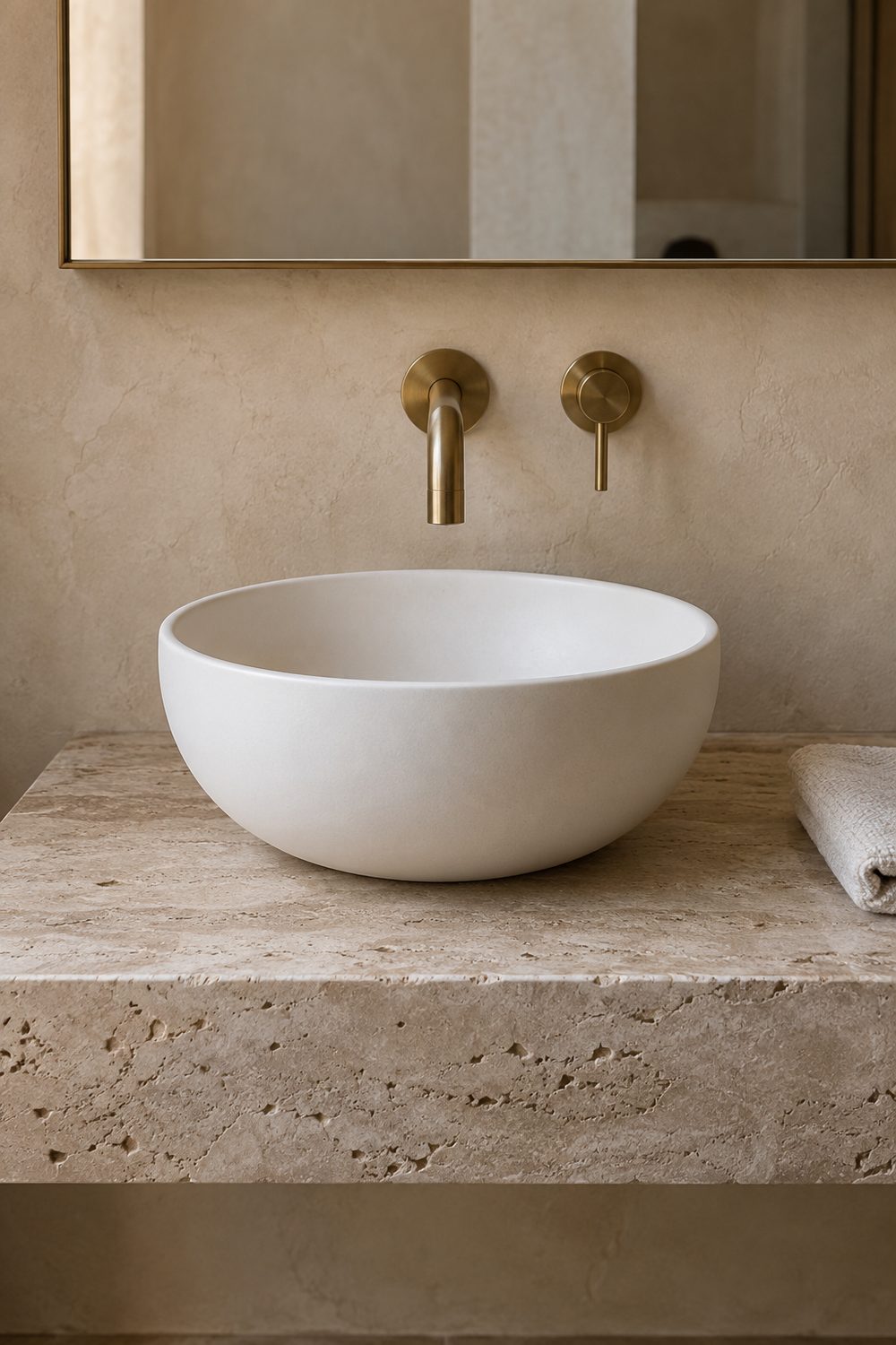 Round white vessel sink on a thick honed travertine slab with a brushed brass wall faucet centered above the bowl