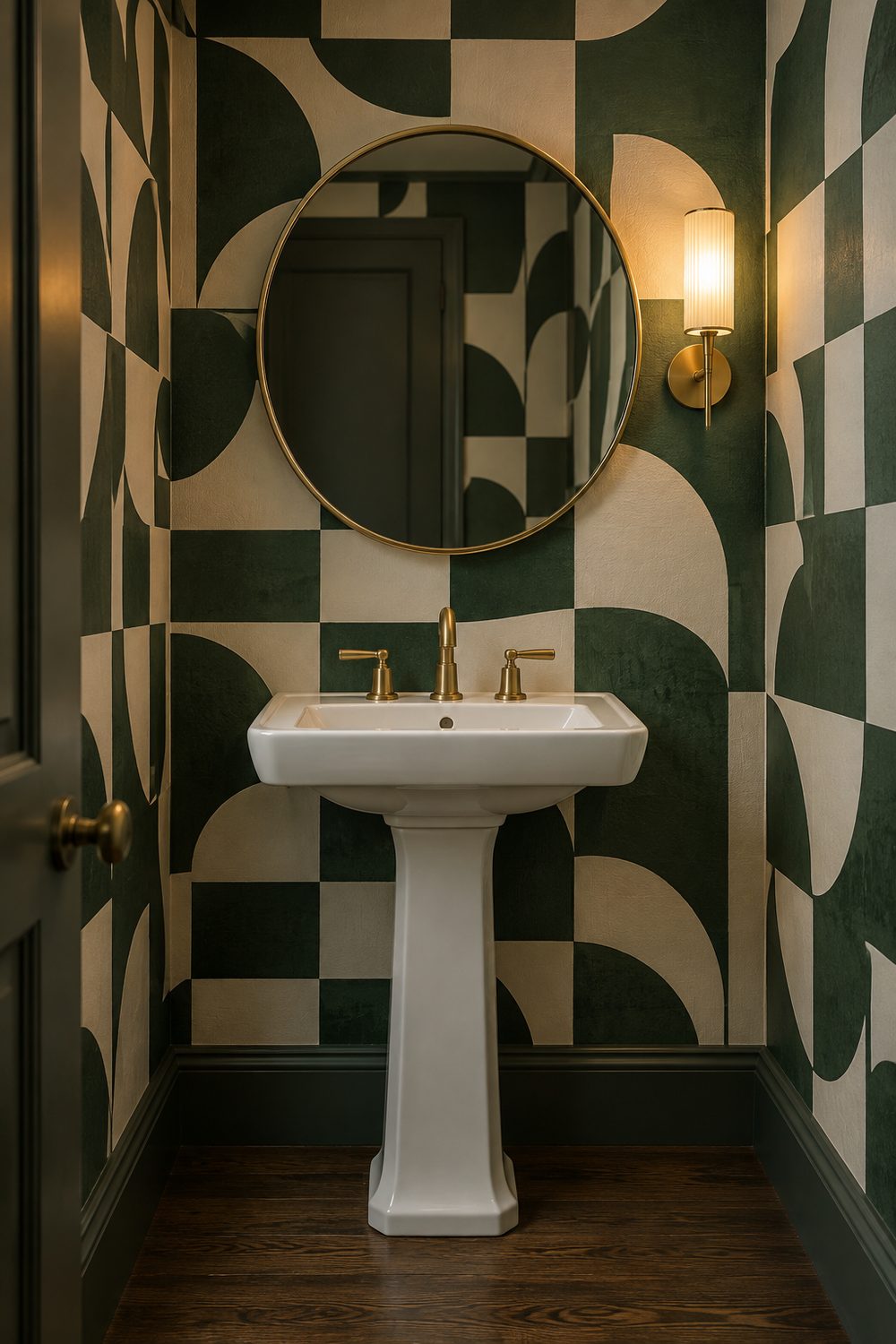 Modern powder room with bold green and cream geometric wallpaper, white pedestal sink, round brass mirror and one sconce