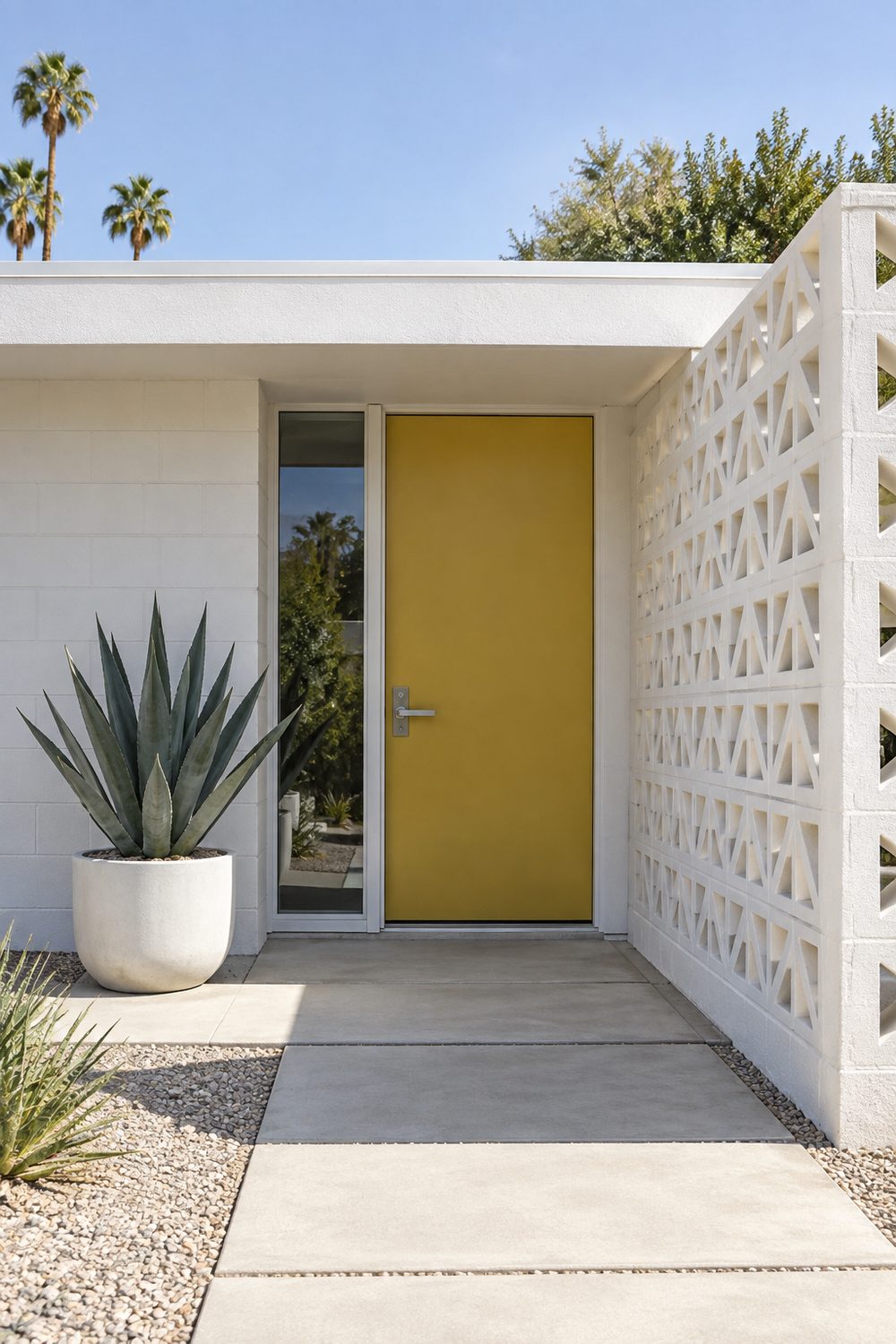 Mustard yellow slab front door beside a white geometric breeze block wall on a flat roof house, agave in a round planter
