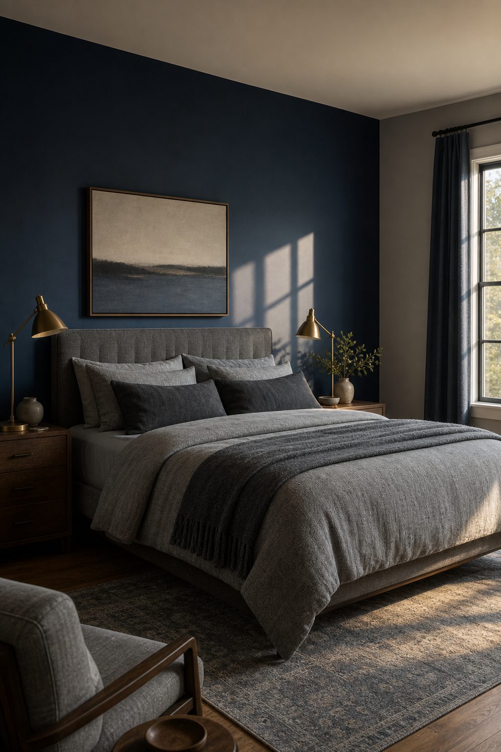 Navy blue accent wall behind a bed with heathered grey bedding, charcoal pillows and an aged brass bedside lamp