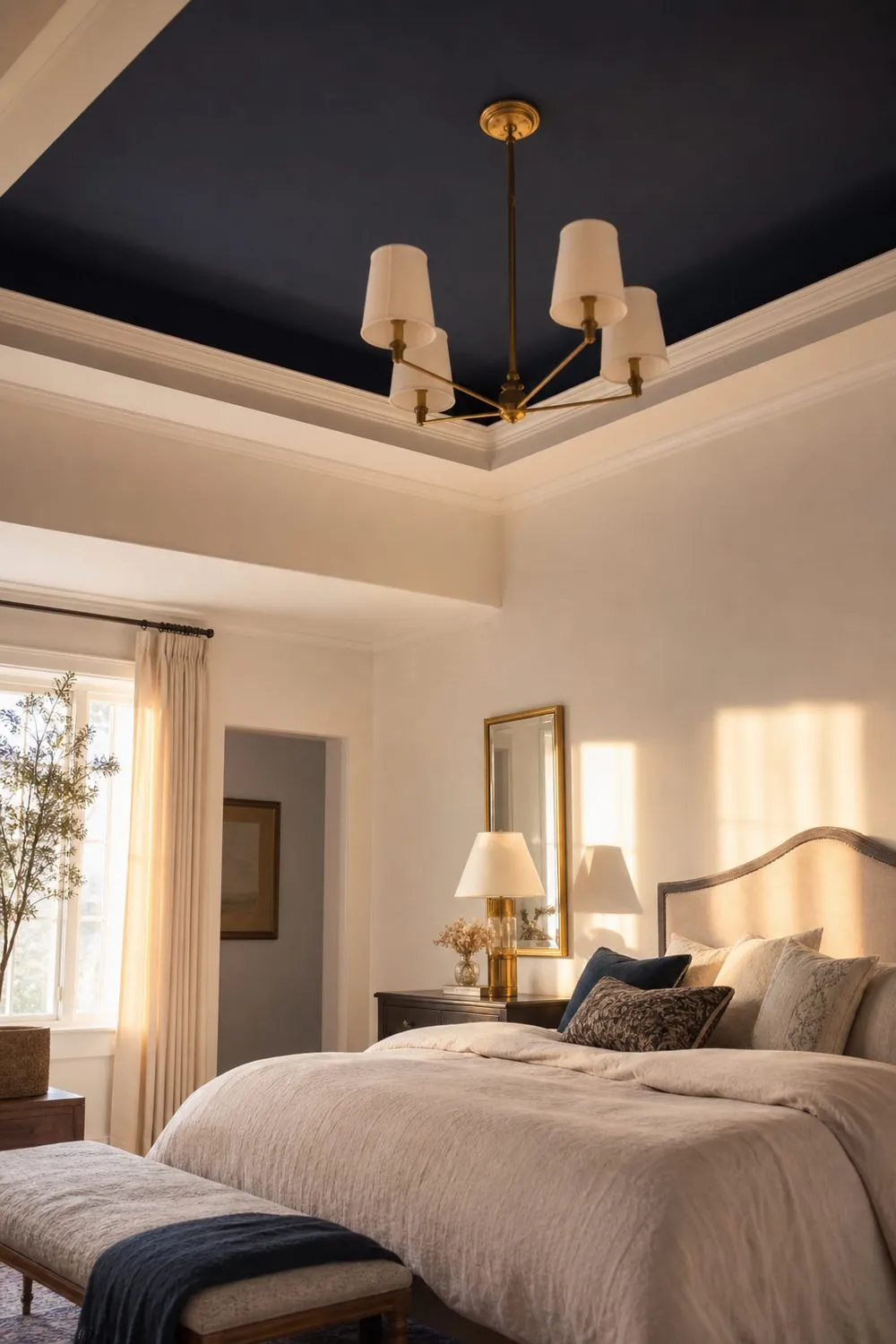 Bedroom tray ceiling with a deep matte navy recessed panel against a soft white outer ceiling and brass fixture