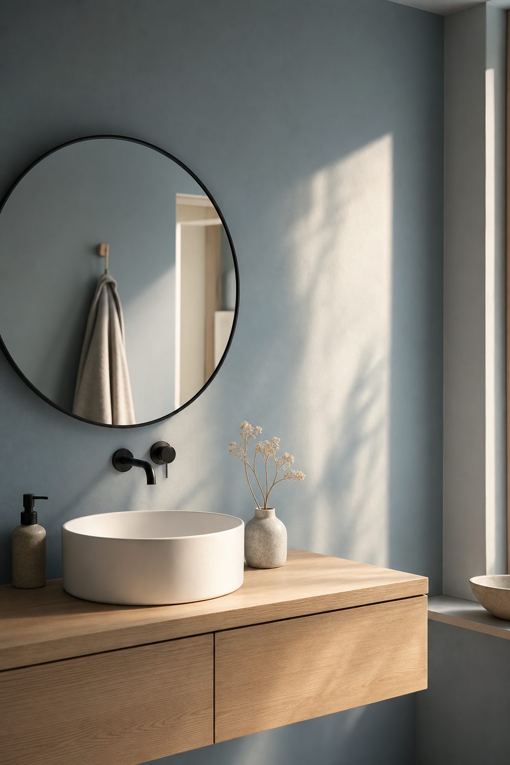 Bathroom walls painted chalky Nordic blue grey with a white vessel basin, black tap and round black framed mirror