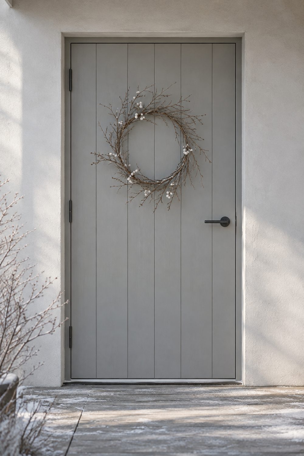 Sparse open wreath of bare twisted branches with a few white berries on a pale grey front door