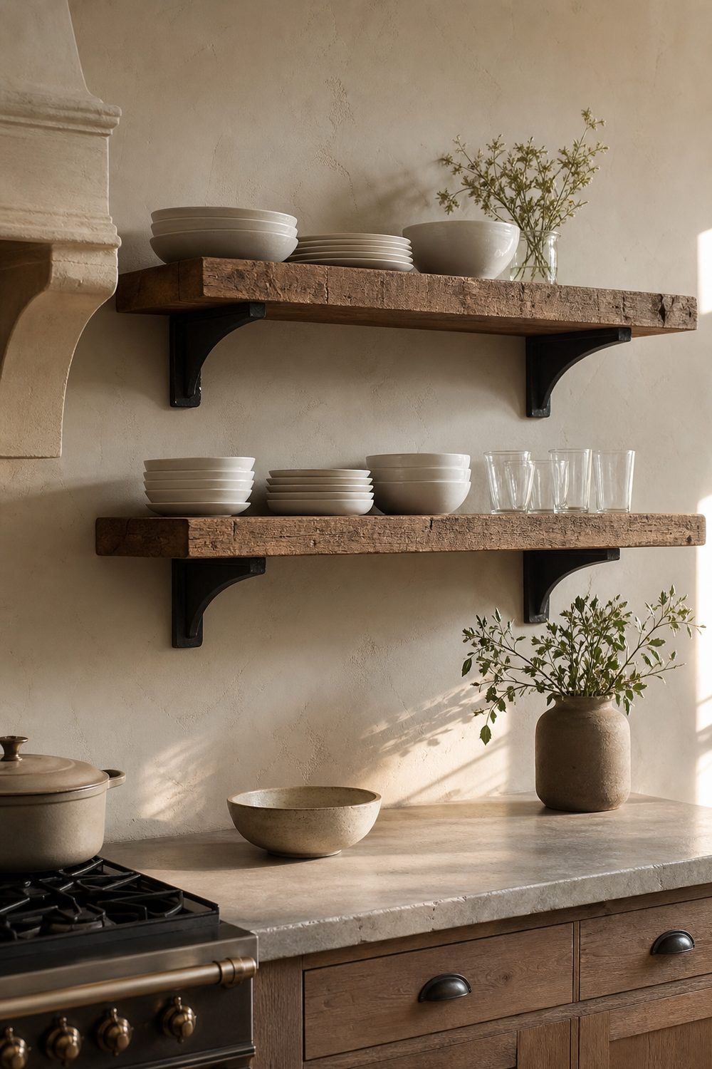 Two reclaimed oak open shelves on a cream plaster wall holding white ironstone plates and glassware above a farmhouse kitchen counter