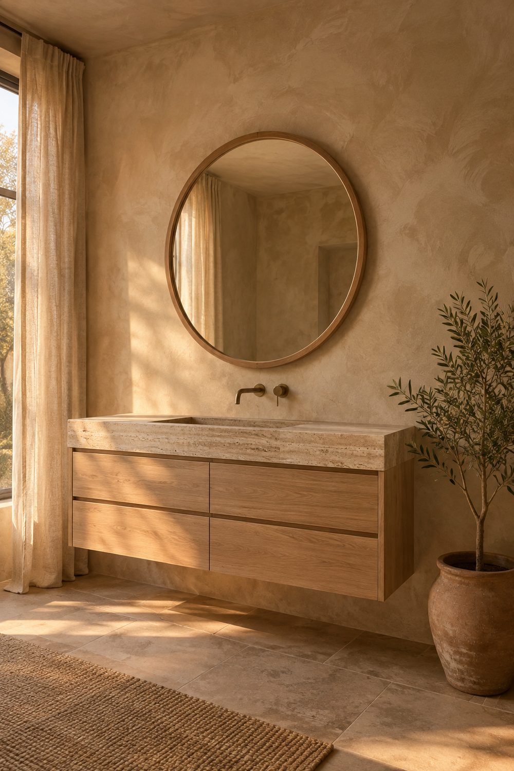 Organic modern bathroom with warm clay limewash walls, white oak vanity with travertine top, round mirror and olive tree