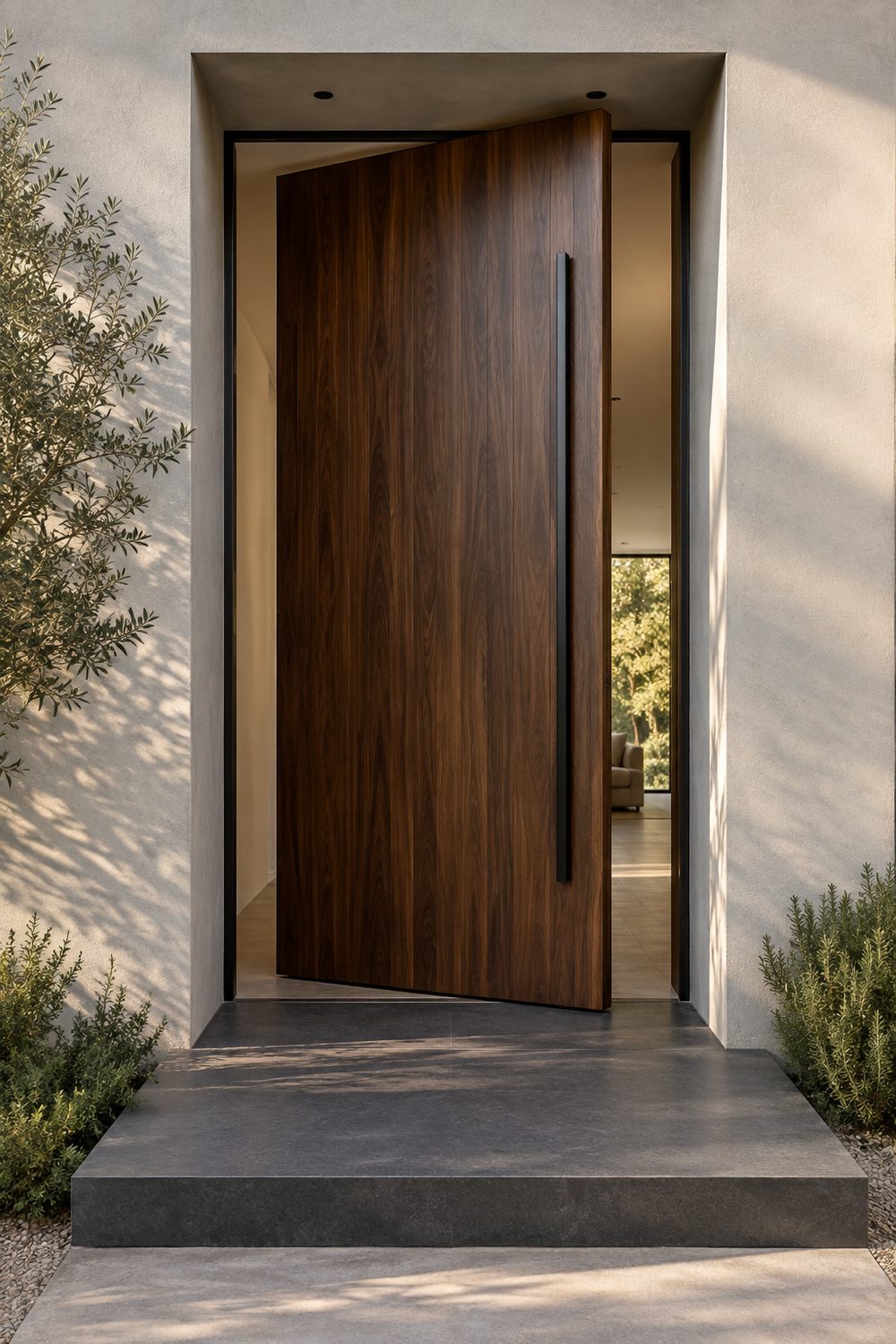 Oversized walnut pivot front door on a pale grey stucco facade, standing slightly open, with a charcoal porcelain entry step