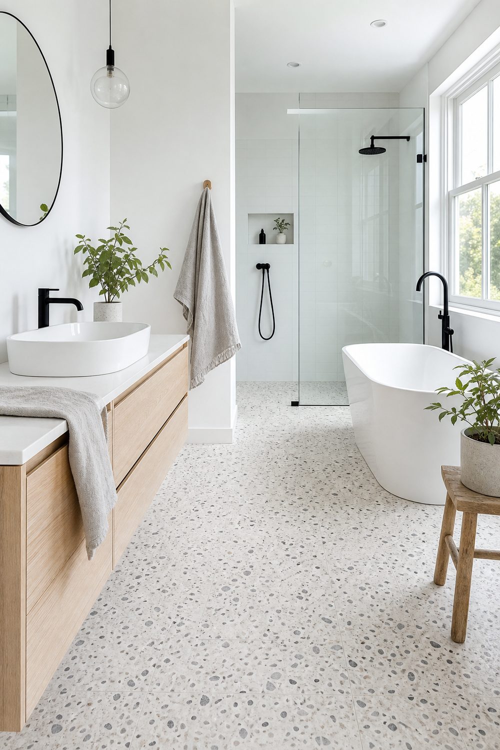 Pale terrazzo floor with grey and brown speckled aggregate running through a white bathroom with an oak vanity