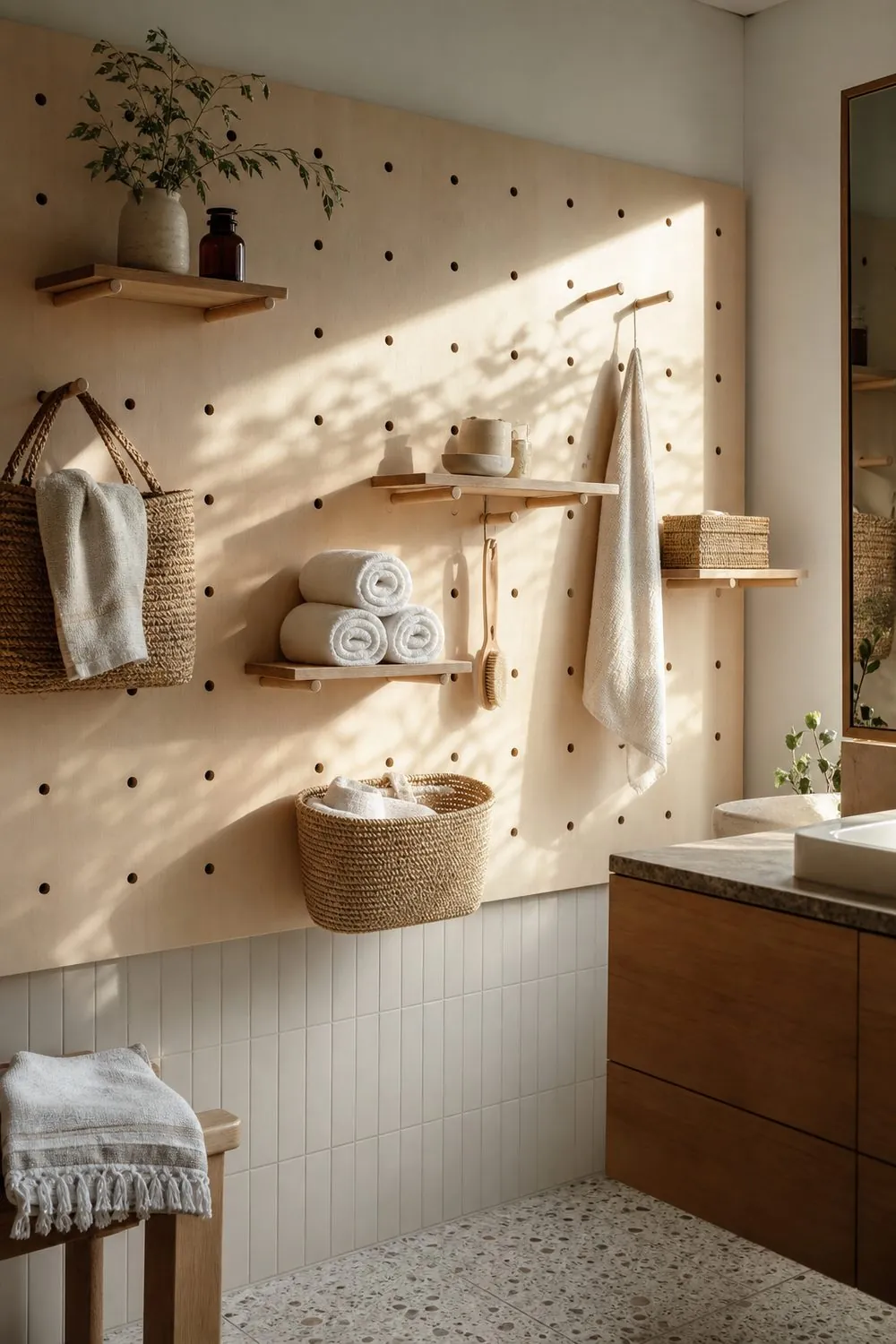 Birch pegboard wall with wooden pegs, small shelves, a woven basket and rolled white towels above a bathroom vanity