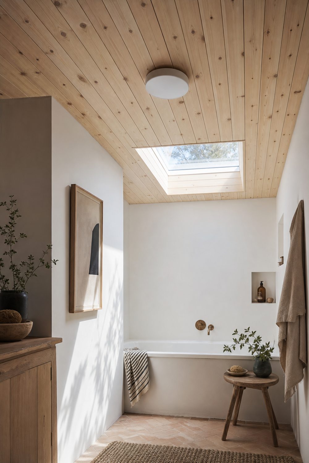 Pale pine tongue and groove boards running across a bathroom ceiling above a built in tub and tiled wall