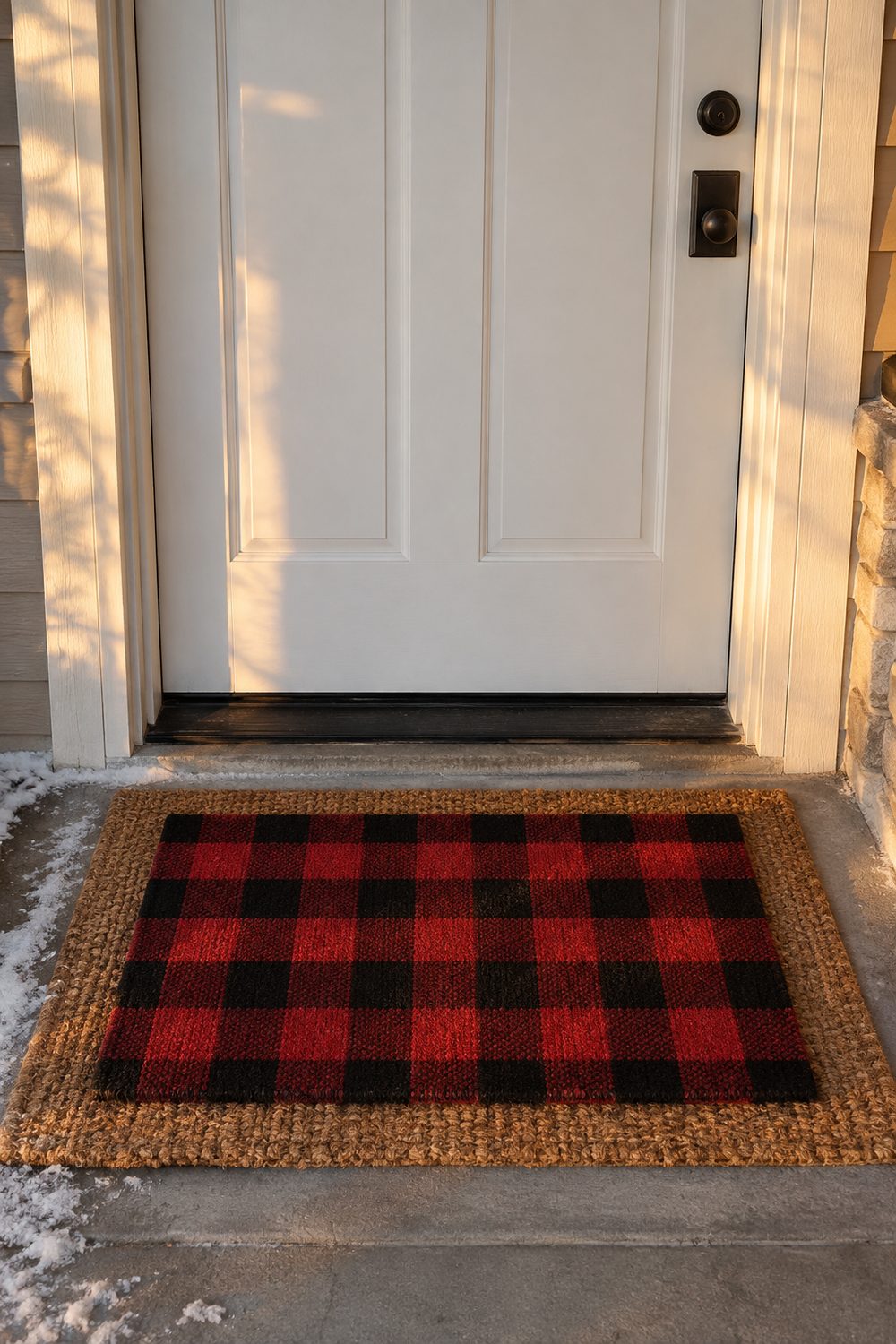Red and black buffalo plaid mat layered on a larger natural coir mat in front of a white front door