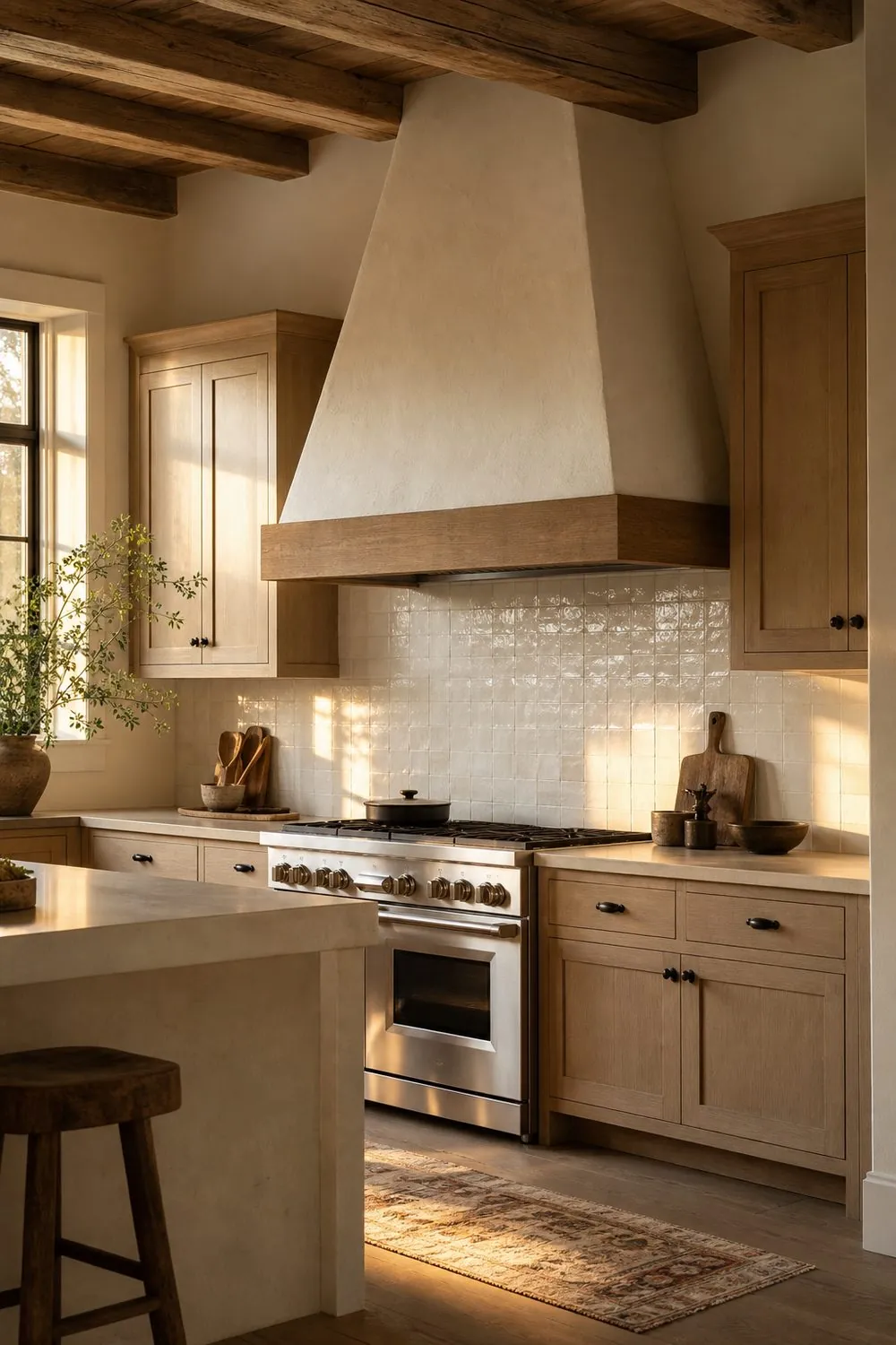 Tapered white plaster range hood with a warm oak trim band above a range in a farmhouse kitchen with zellige tile and cabinets on both sides