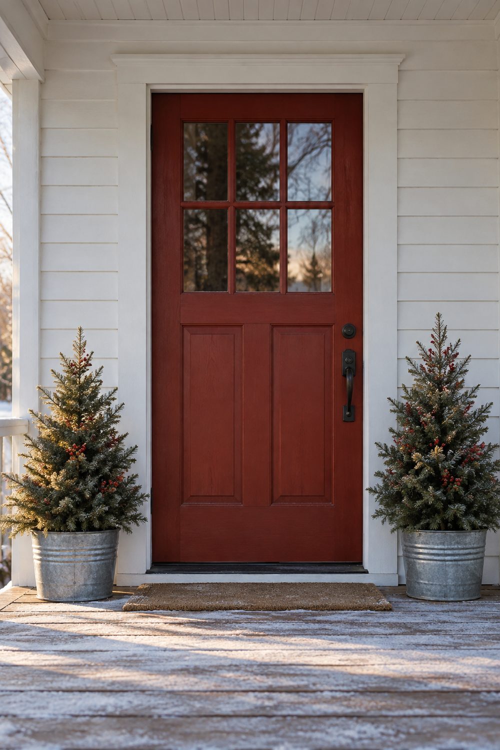 Two small potted evergreen trees in galvanized buckets flanking a barn red farmhouse front door, snowy porch boards