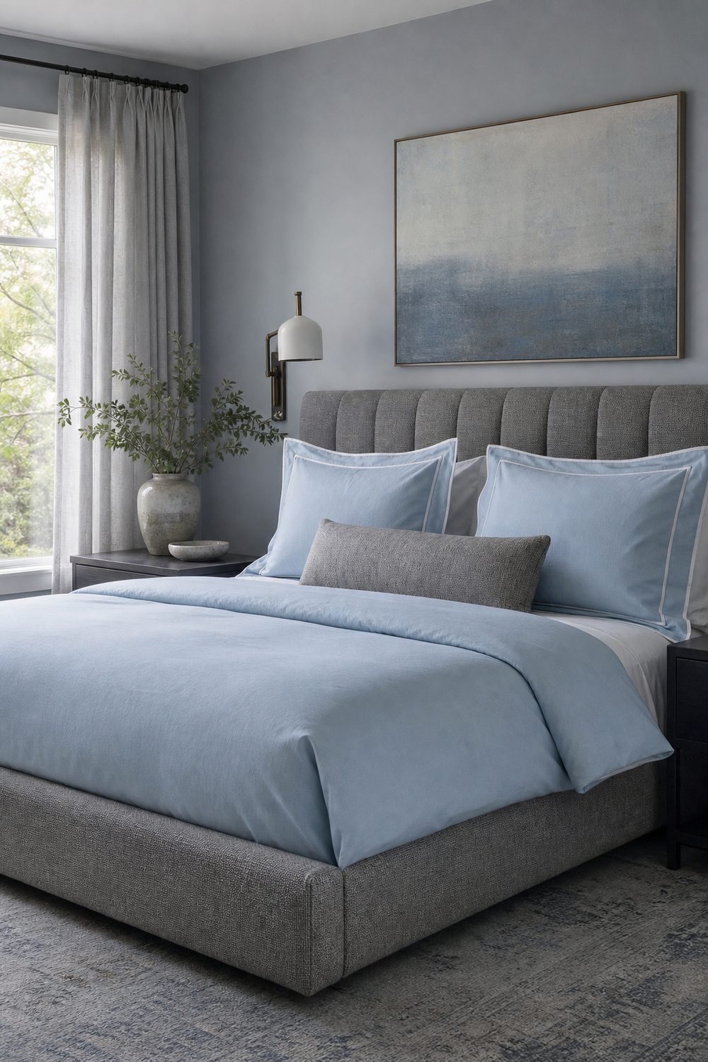 Grey channel tufted upholstered bed dressed in powder blue bedding with white piped pillows and pale grey walls