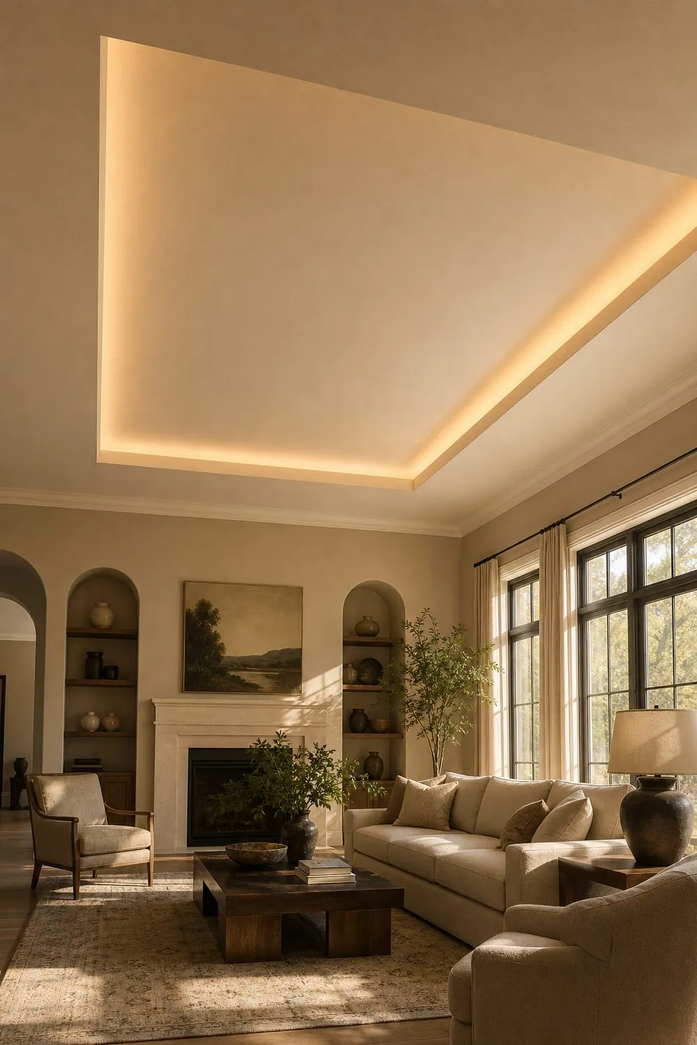 Living room tray ceiling with a hidden cove light washing warm light up the recessed panel above greige walls