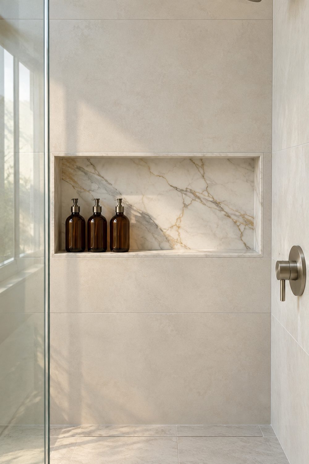 Recessed shower niche lined in Calacatta marble in a warm white tile wall, holding three amber glass pump bottles