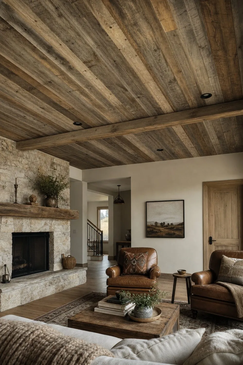 Weathered reclaimed barn wood boards clad across a ceiling with grey brown patina above a stone hearth and leather chairs