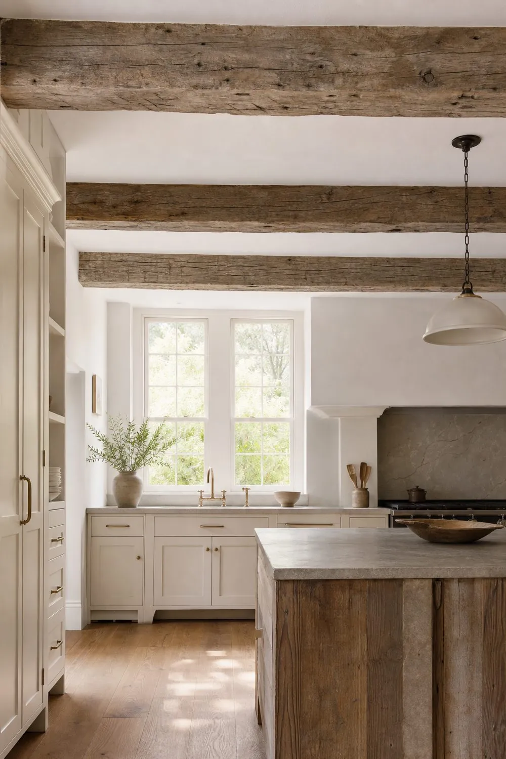 Weathered reclaimed wood ceiling beams with visible saw texture running across a bright farmhouse kitchen with cabinets and an island below