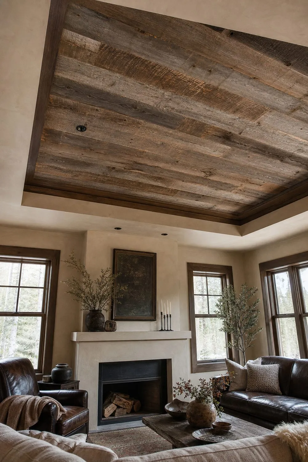 Cabin living room tray ceiling clad in weathered reclaimed barnwood boards in varied gray and brown tones