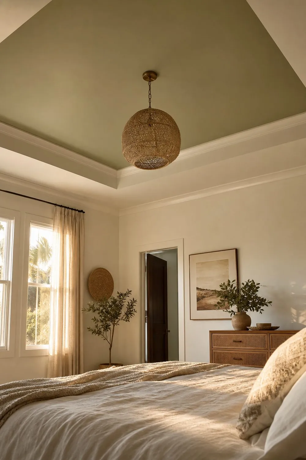 Bedroom tray ceiling with a soft matte sage green recessed panel framed by a warm white outer ceiling