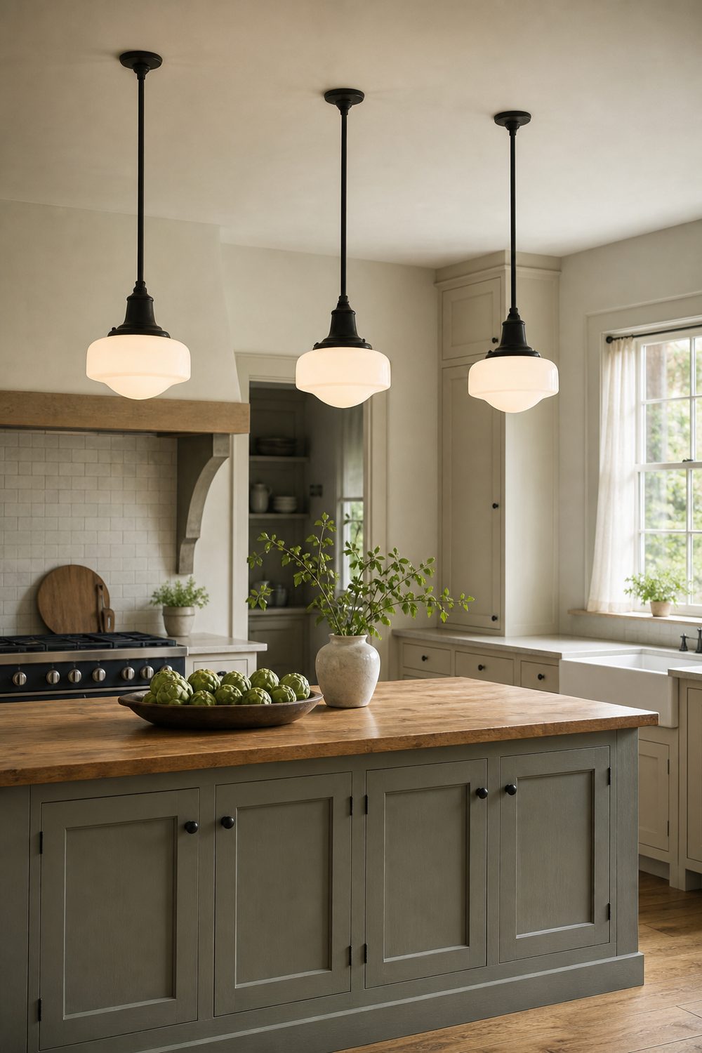 Three schoolhouse pendant lights with milk glass shades and black fittings hanging above a farmhouse kitchen island with cabinets behind