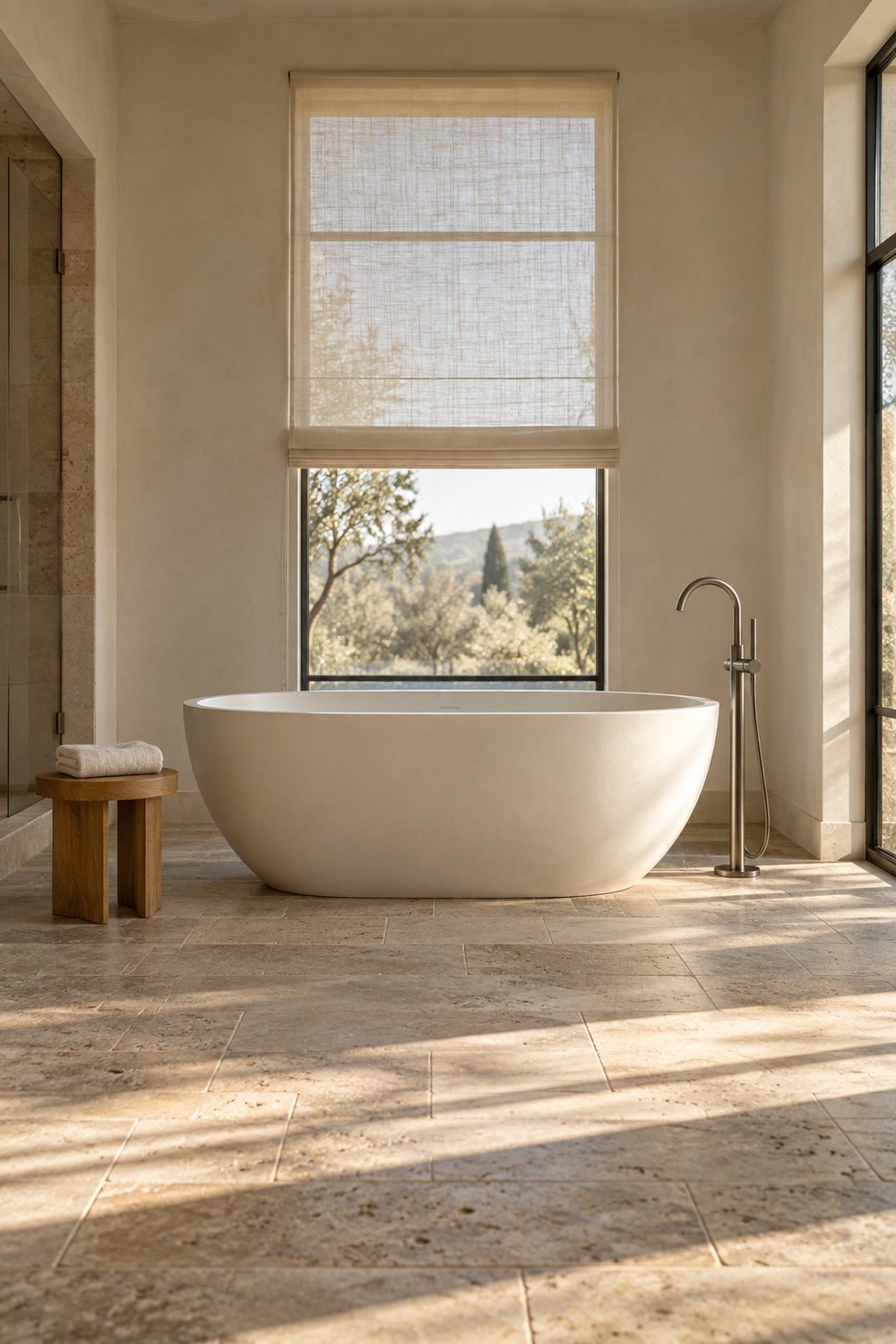 Matte white oval freestanding tub under a tall window with a linen shade, brushed nickel floor tub filler and oak stool