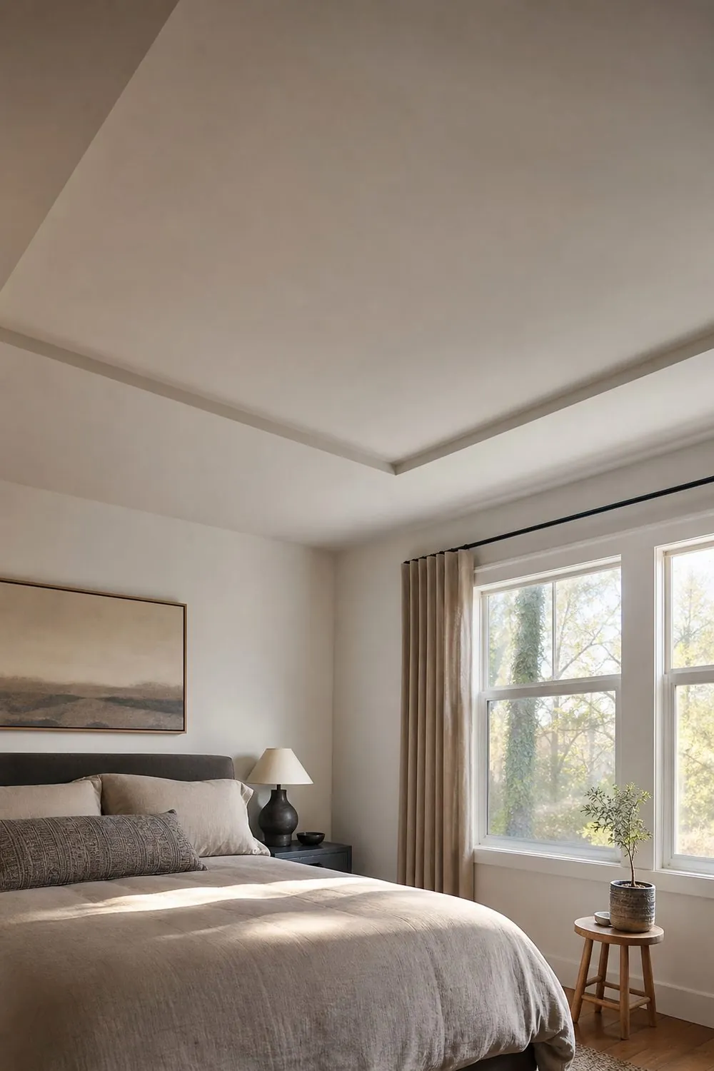 Bedroom with a very shallow tray ceiling dropping a few inches, slim trim and paint close in tone to the ceiling