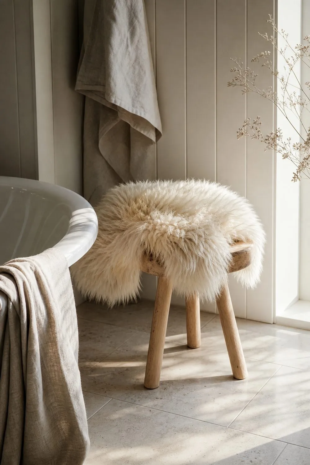 Cream sheepskin draped over a pale wood three legged stool beside a freestanding tub on stone tile flooring