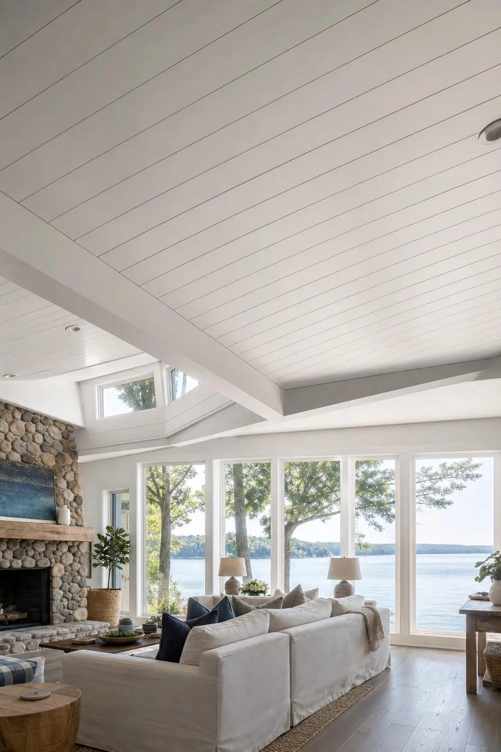 Painted white horizontal shiplap ceiling boards with crisp shadow reveals above a stone fireplace in a lake house great room