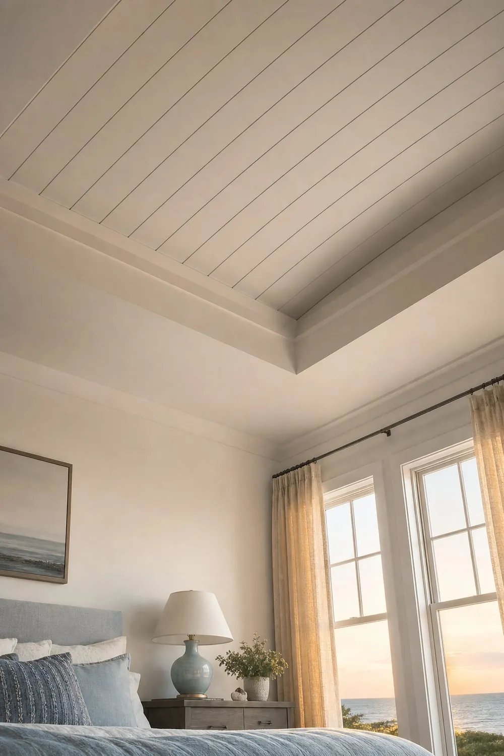 Coastal bedroom tray ceiling lined with narrow painted shiplap boards showing fine shadow lines overhead