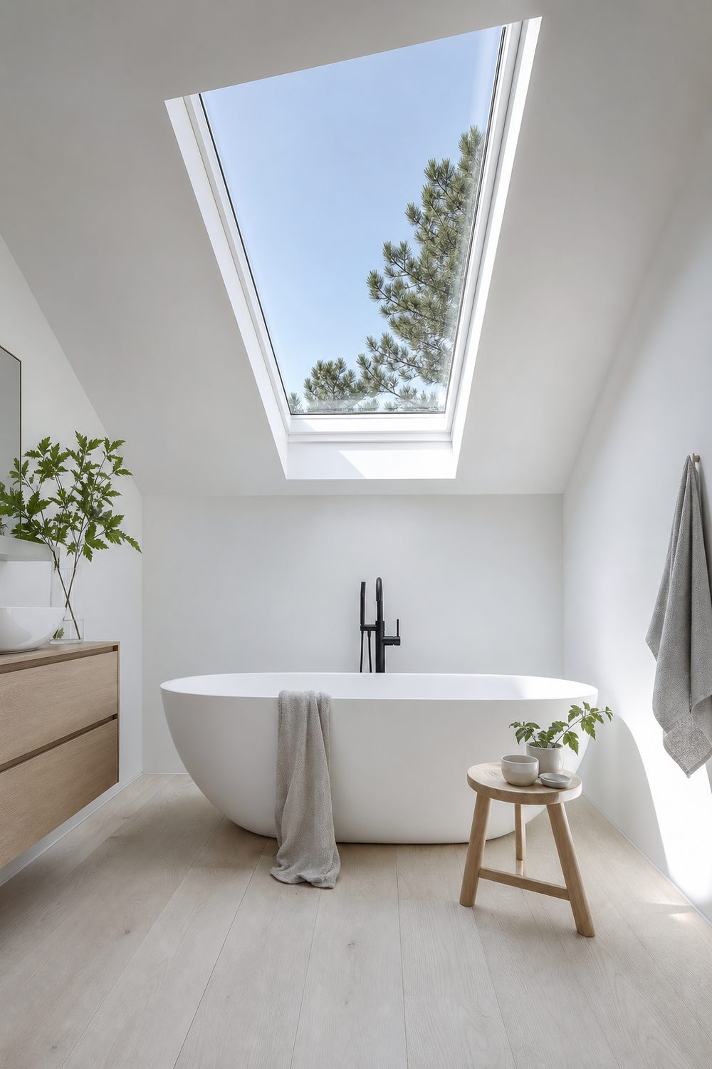 Roof skylight set into a sloped white ceiling directly above a white freestanding tub on pale wood flooring