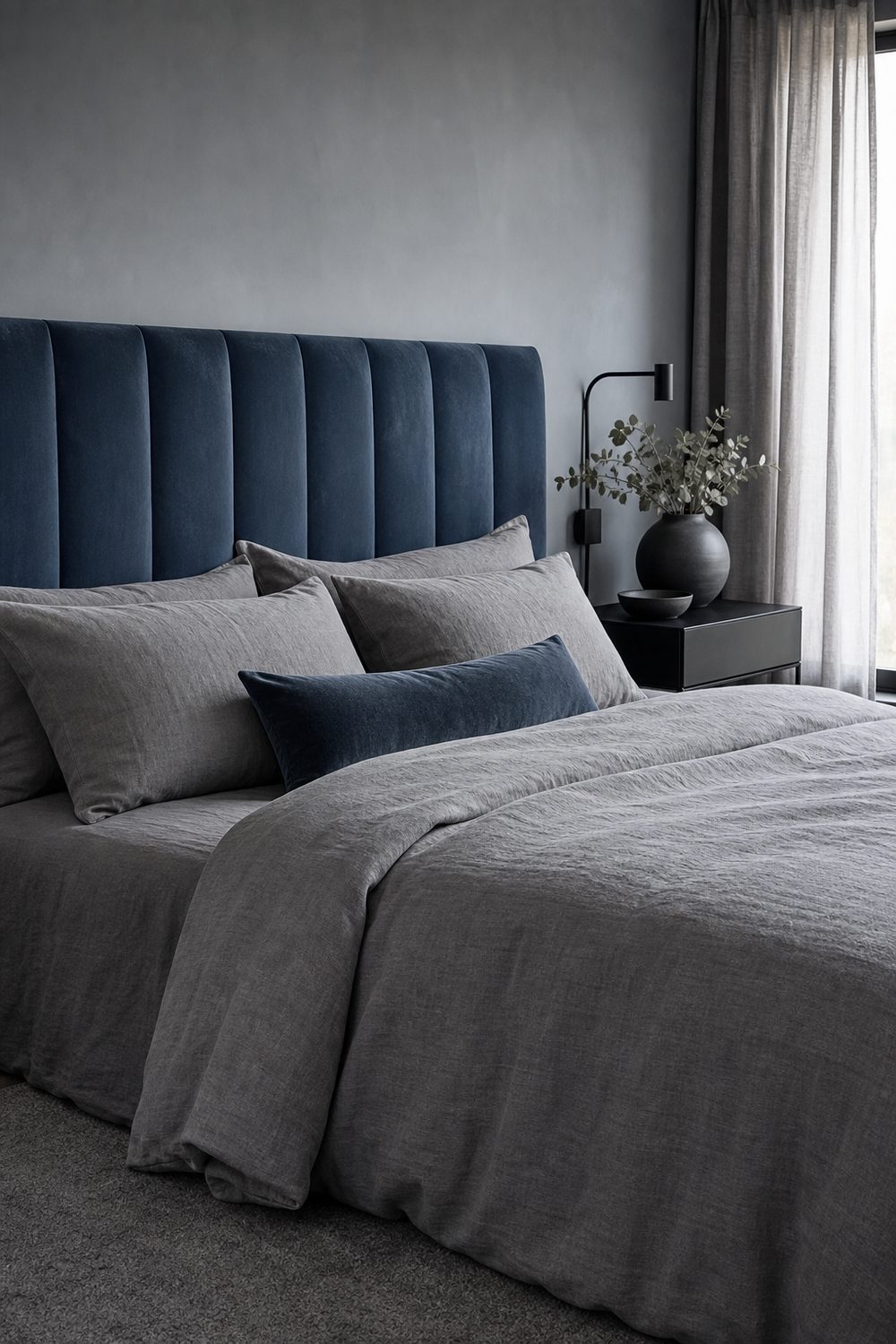 Slate blue velvet headboard with grey washed linen bedding, a low pile wool rug and a blackened steel nightstand