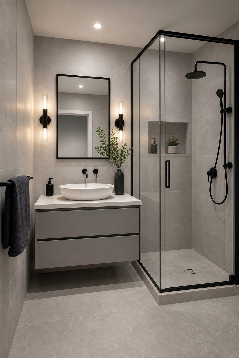 Small bathroom with light grey walls and tile accented by a black faucet, black framed mirror, black towel bar and black shower trim