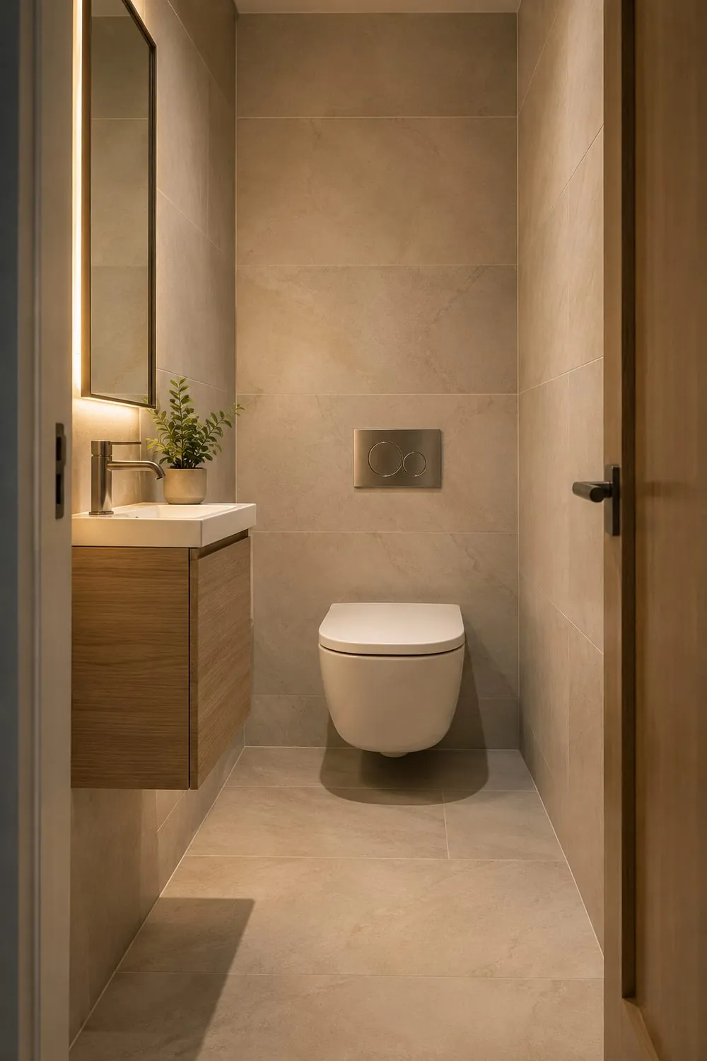 Small modern bathroom with a white wall hung toilet, hidden tank, brushed flush plate, compact floating vanity and pale tile