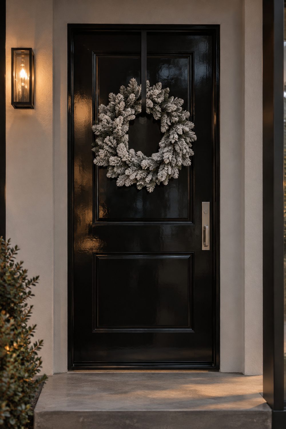White snow flocked evergreen wreath on a high gloss black front door with a concrete step and steel handle