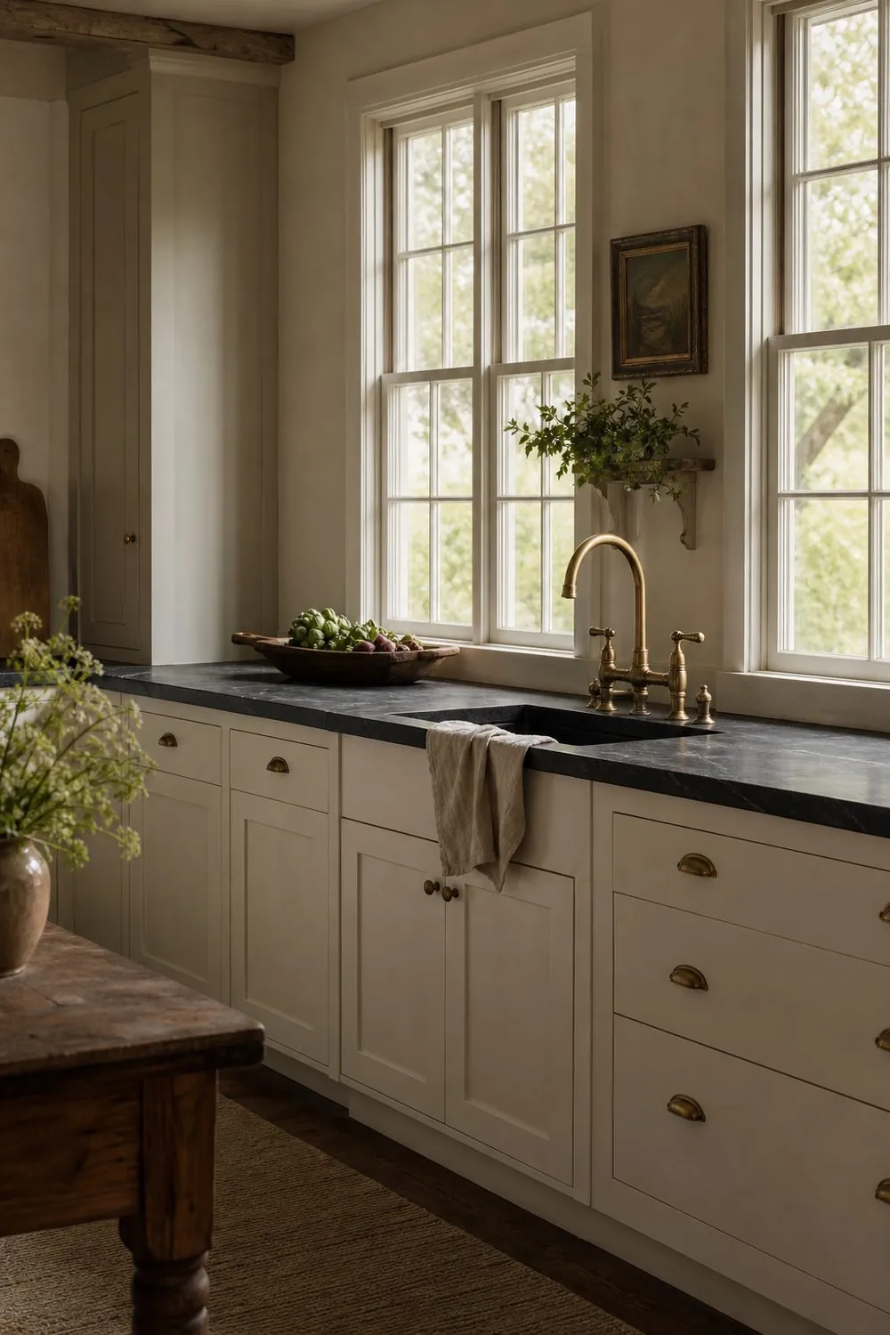 Dark honed soapstone countertop with an unlacquered brass bridge faucet and brass cup pulls over cream shaker cabinets in a farmhouse kitchen